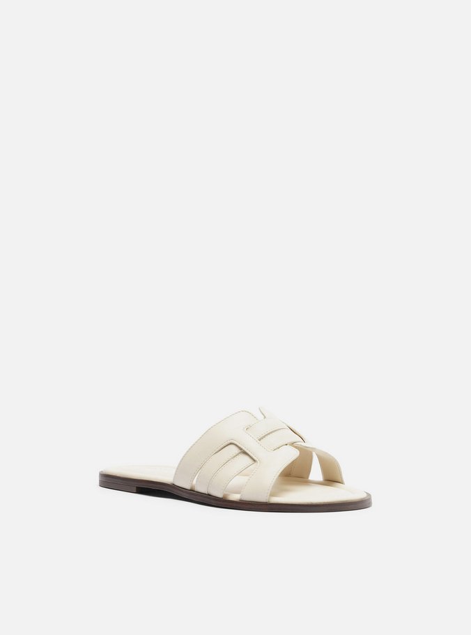 Rasteira Branca Couro Flat Tira Vazada Puffer