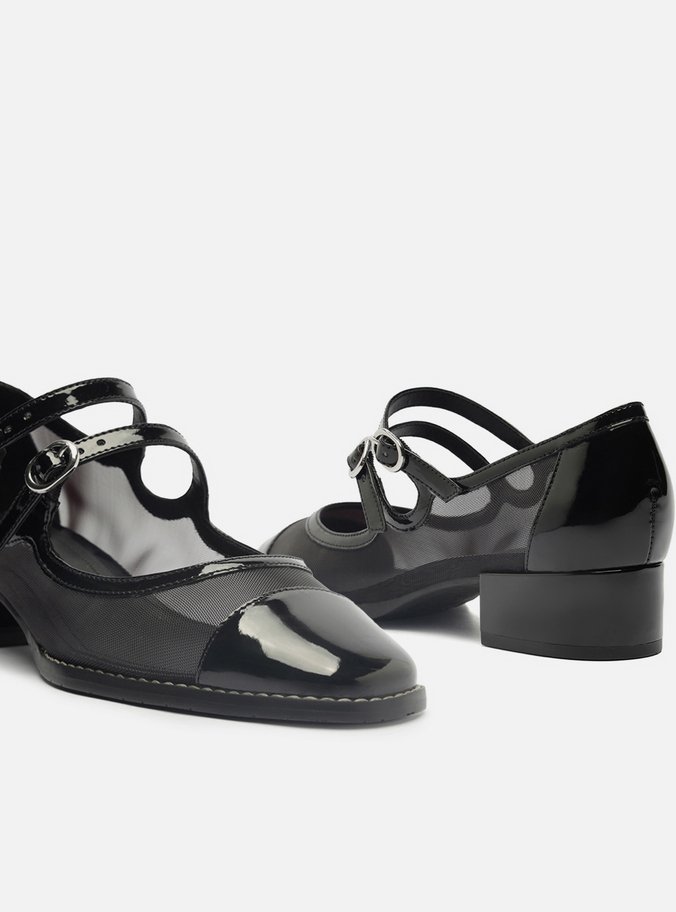 Sapato Boneca Preto Tela Bloco Cap Toe