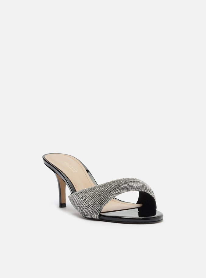Mule Preta Salto Fino Tira Bold Strass