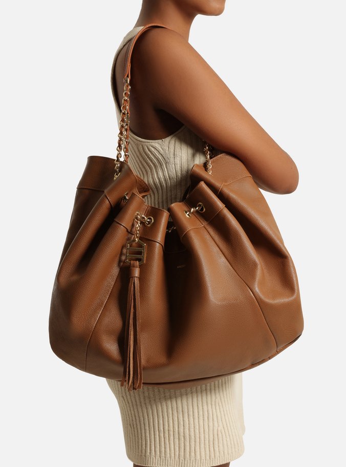 Bolsa Shopping Marrom Couro Grande Franzido