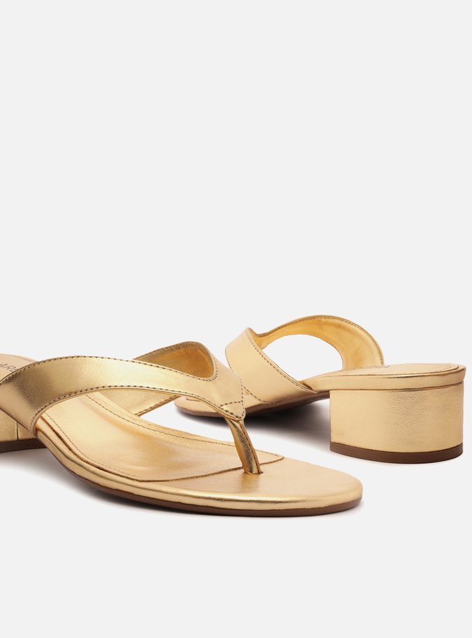 Sandália Dourada Salto Bloco Flip-Flop