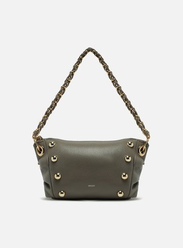Bolsa Tiracolo Cinza Couro Média Rebites Corrente