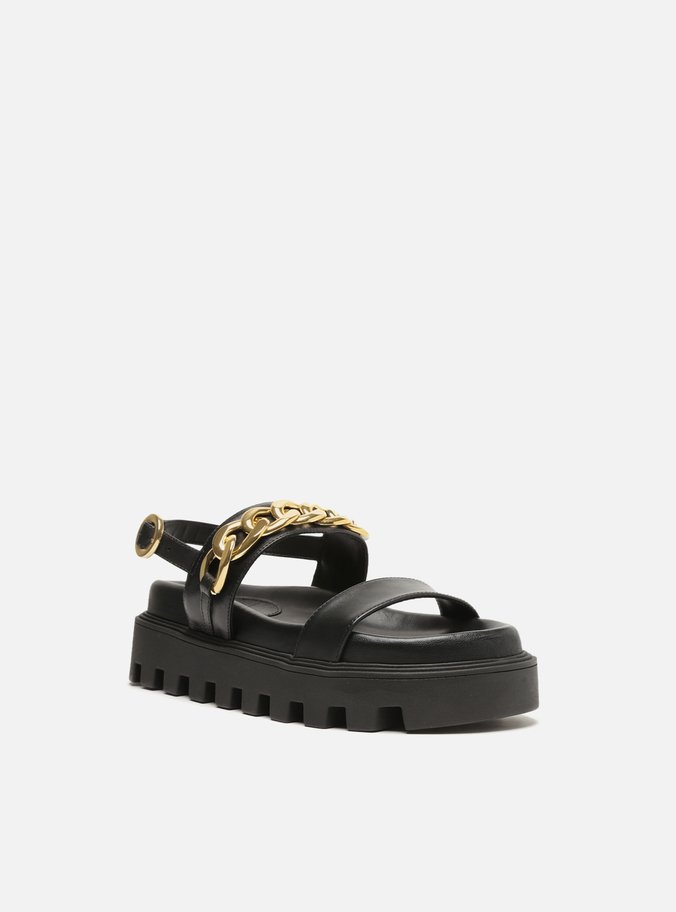 Sandália Preta Couro Flatform Tratorada Corrente