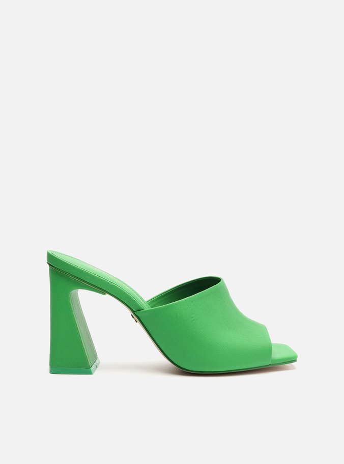 Sandália Mule Verde Couro Bloco Geométrica