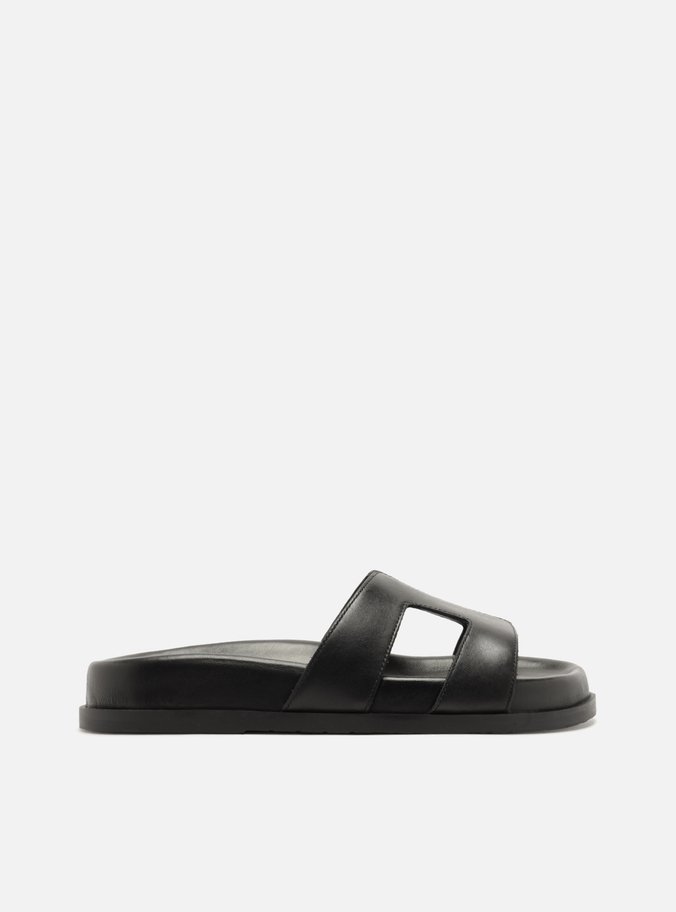 Rasteira Preta Couro Cabedal Recortes H