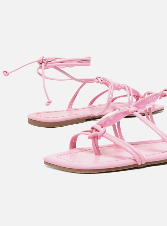 Sandália Rasteira Tiras Amarração Pedraria Rosa