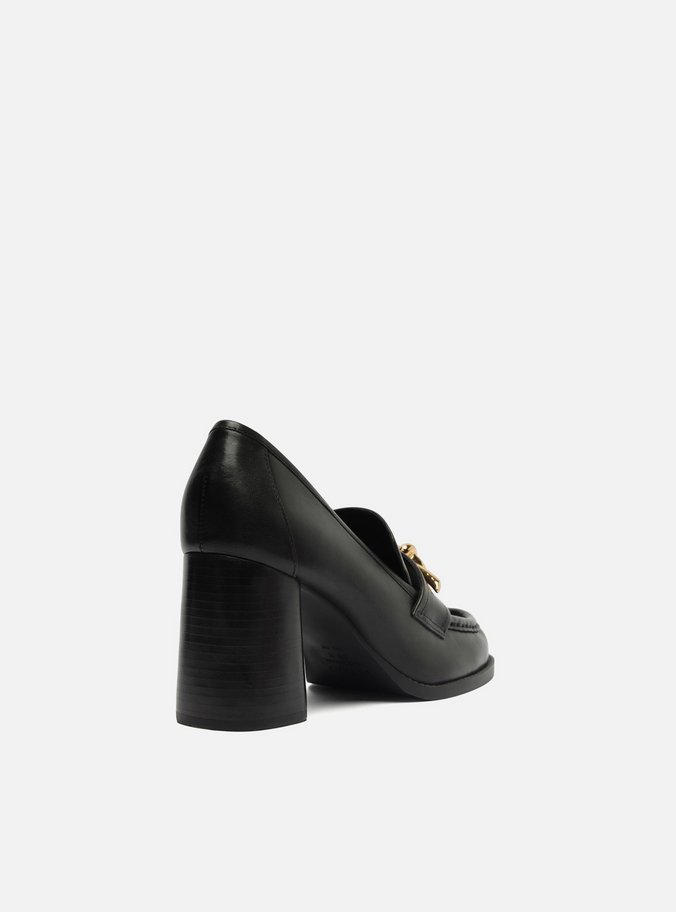 Loafer Preto Couro Salto Bloco Metal Nó