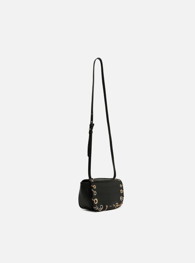Bolsa Tiracolo Preta Couro Pequena Costuras Metais
