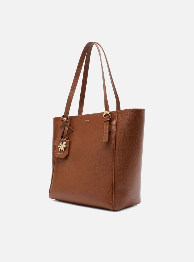 Bolsa Tote Marrom Couro Média Metal Flor