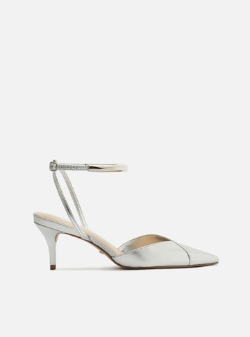 Scarpin Prata Couro Salto Kitten Tira Metal