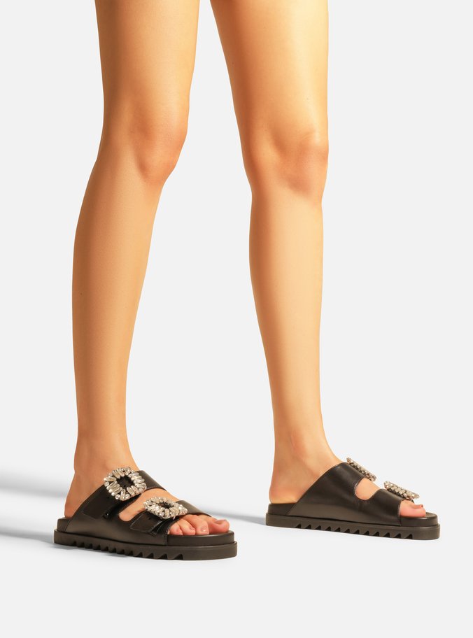 Sandália Slide Preta Couro Flatform Pedraria