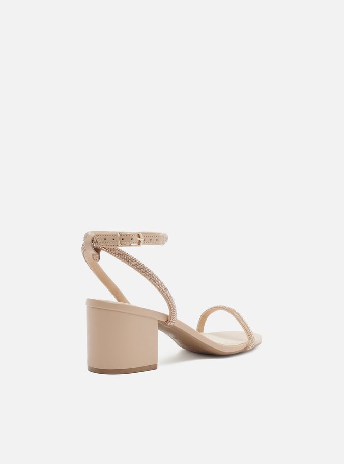 Sandália Nude Strass Salto Bloco Minimal