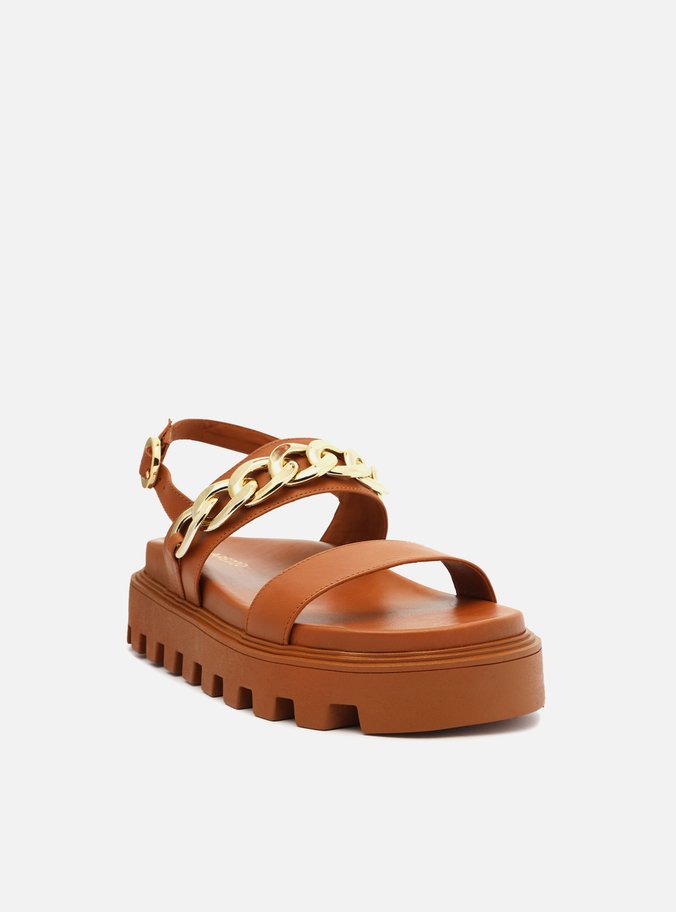 Sandália Marrom Couro Flatform Tratorada Corrente