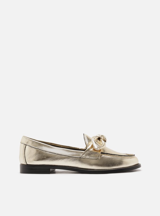 Mocassim Dourado Couro Bico Redondo Tiras Nó