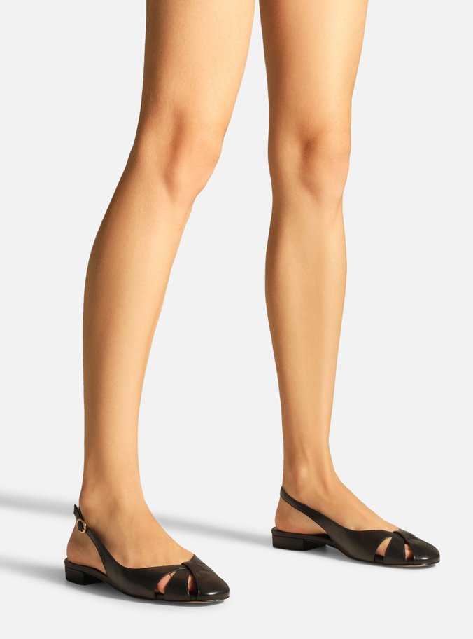 Sapatilha Preta Couro Slingback Cabedal Vazado