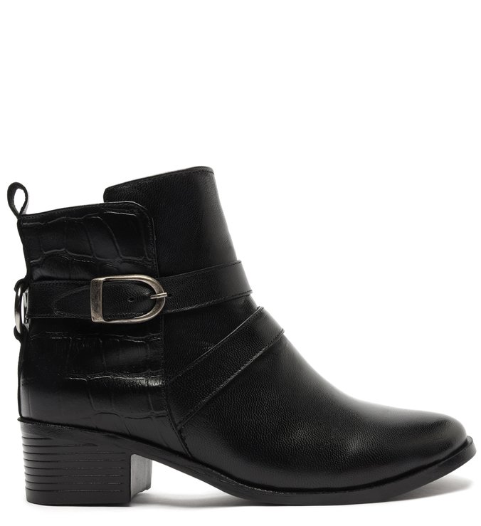 Bota Preta Couro Cano Curto Salto Bloco