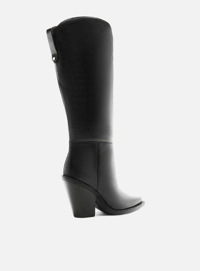 Bota Preta Couro Cano Longo Salto Alto Bloco
