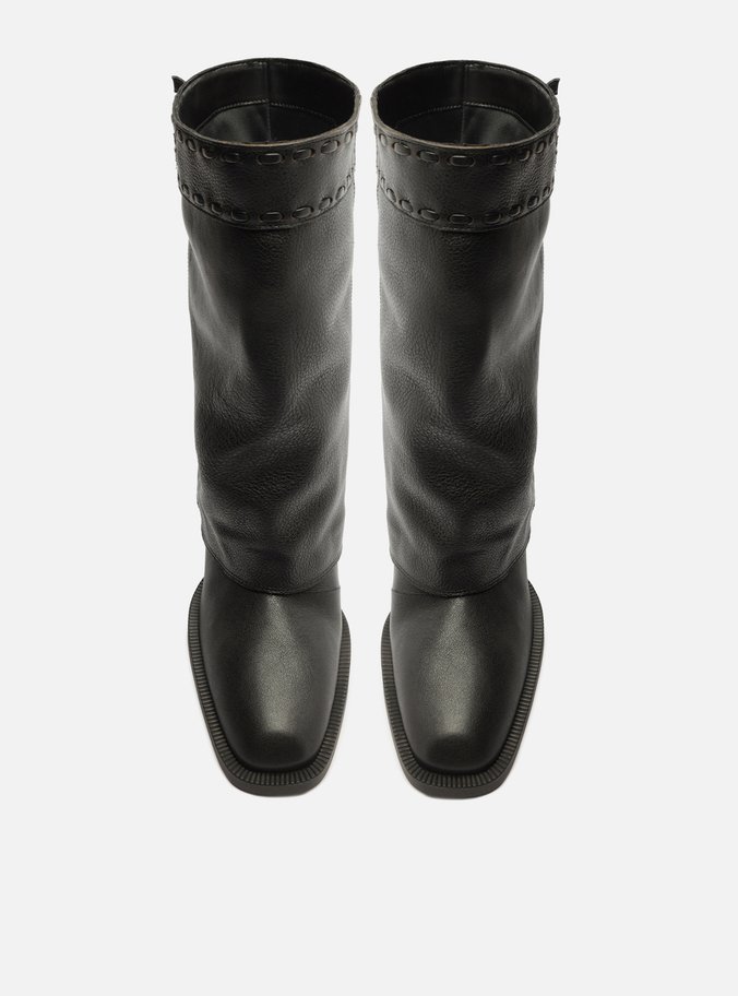 Bota Preta Couro Cano Curto Polaina Folk