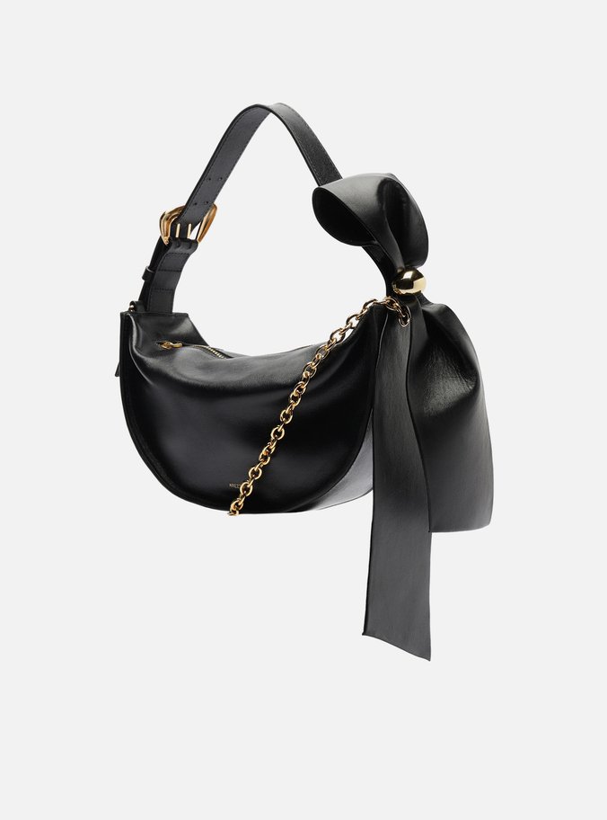 Bolsa Tiracolo Preta Couro Média Laço Metal