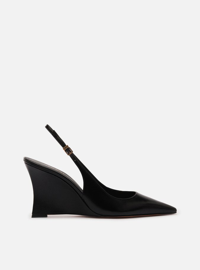 Scarpin Preto Couro Salto Alto Anabela Slingback