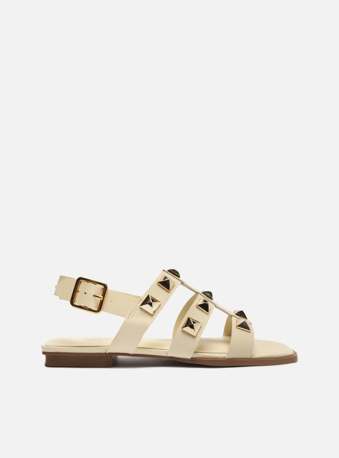 Sandália Rasteira Off-White Couro Tiras Studs