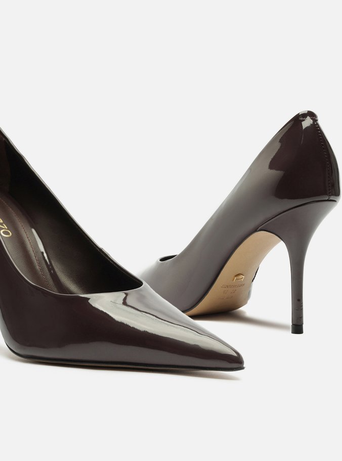 Scarpin Marrom Verniz Salto Alto Fino Clássico