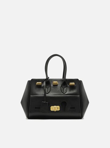 Bolsa Tote Preta Couro Média Bolso Recortes