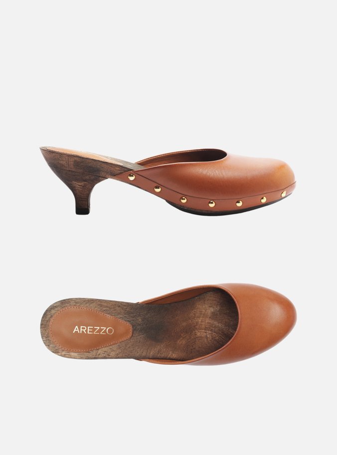 Mule Clog Caramelo Couro Salto Baixo