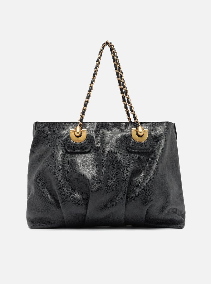 Bolsa Shopping Preta Couro Grande Franzida