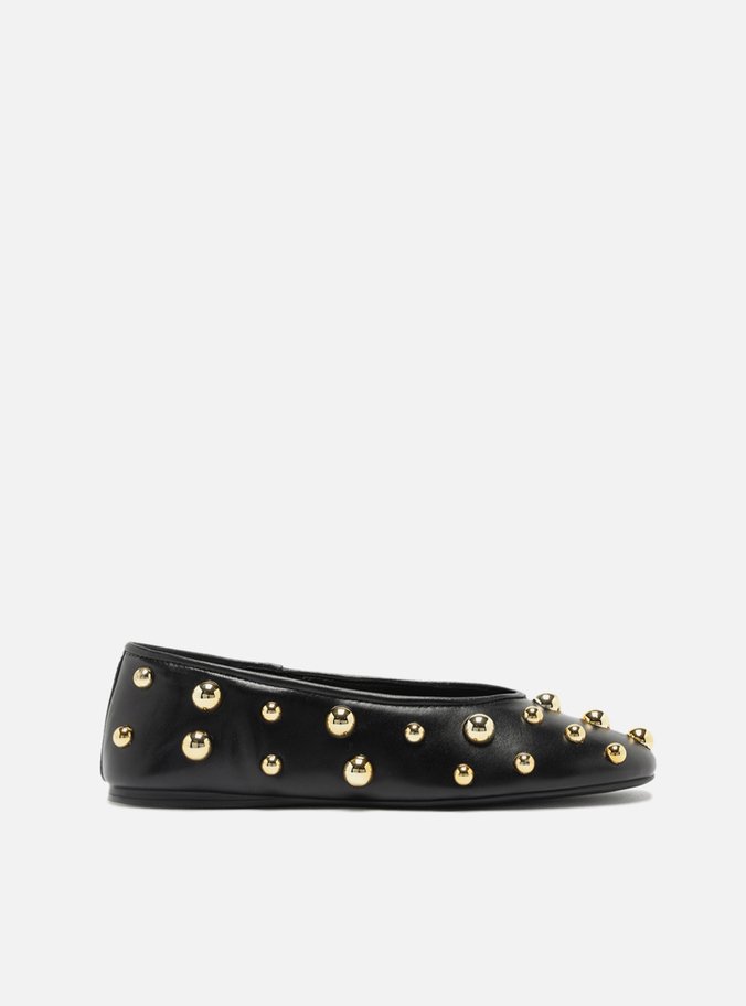 Sapatilha Preta Couro Bico Redondo Studs