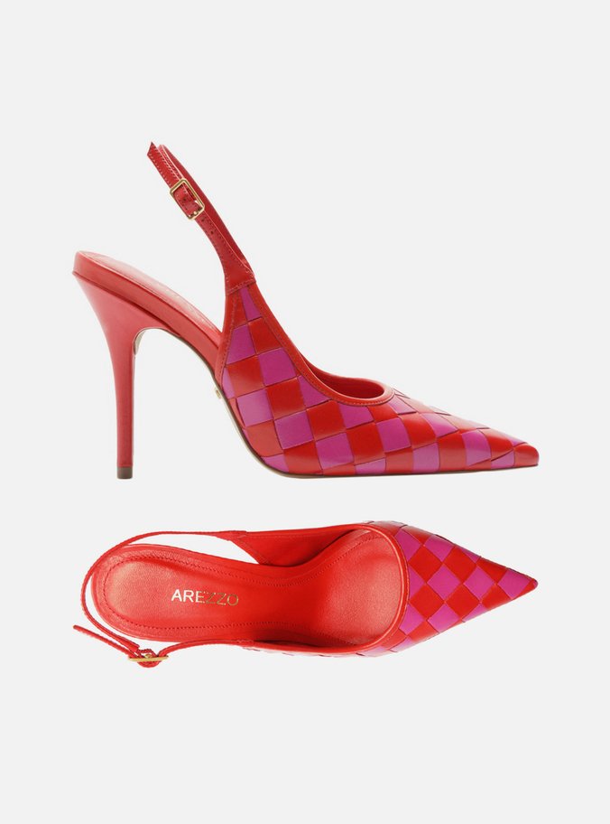 Scarpin Vermelho Tressê Rosa Slingback