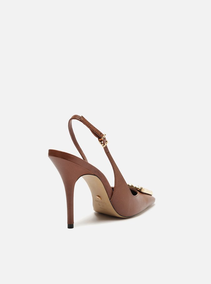 Scarpin Marrom Couro Bico Quadrado Slingback Metal