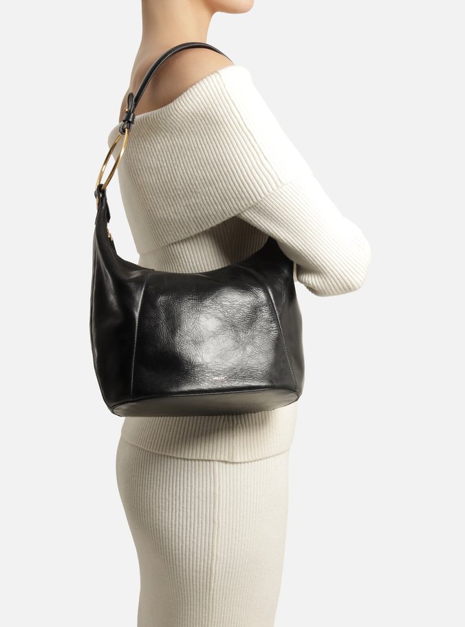 Bolsa Shoulder Preta Couro Média Argolas Alça