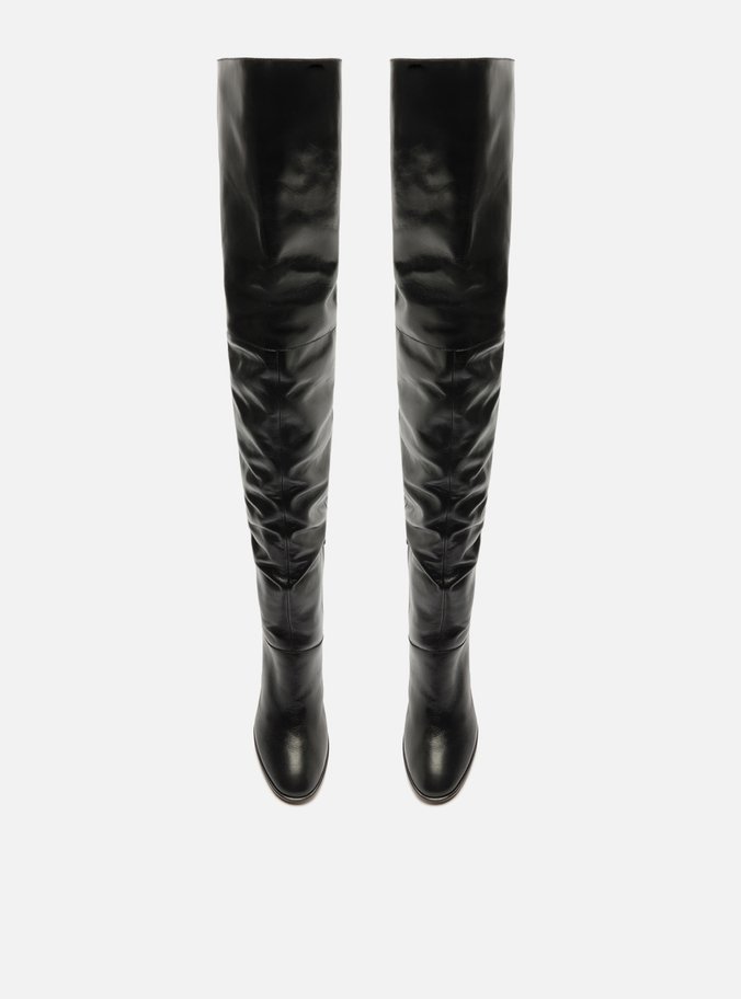 Bota Over The Knee Preta Couro Salto Alto