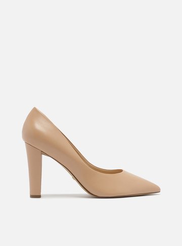 Scarpin Nude Couro Salto Alto Bloco Bico Fino