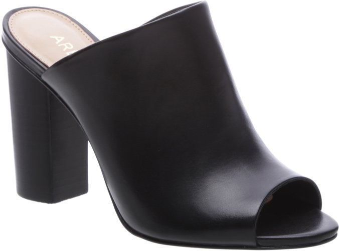 Mule Couro Salto Alto Peep Toe Preta