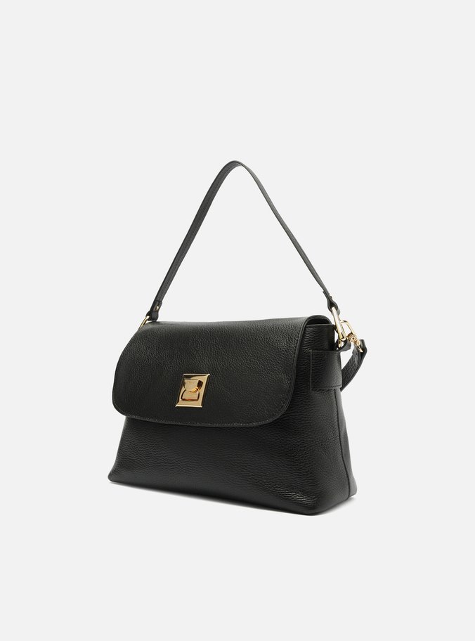 Bolsa Satchel Preta Couro Média Metal