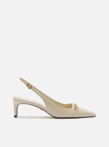 Scarpin Branco Verniz Salto Baixo Slingback Metal