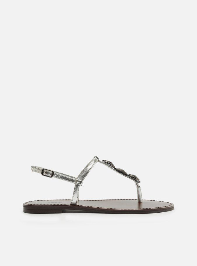 Sandália Rasteira Prateada Couro Pedraria