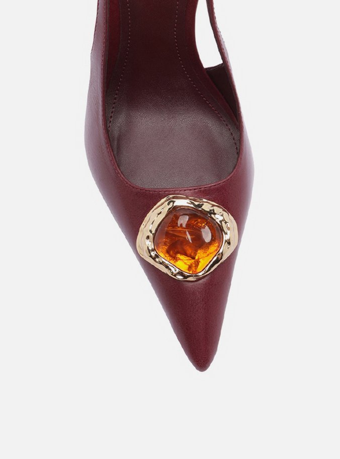 Scarpin Vinho Couro Salto Alto Slingback Pedraria