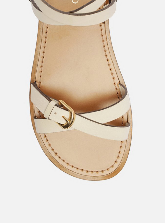 Sandália Rasteira Off-White Couro Tiras Fivelas