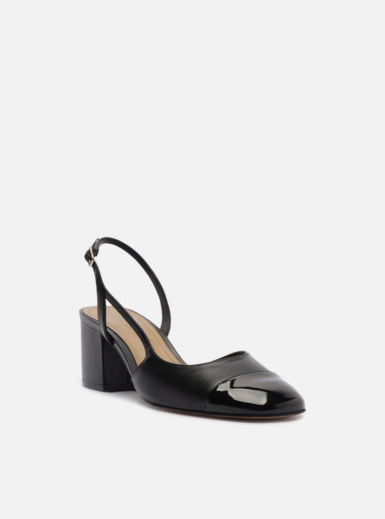 Scarpin Preto Couro Bloco Slingback Cap Toe Verniz — foto 2