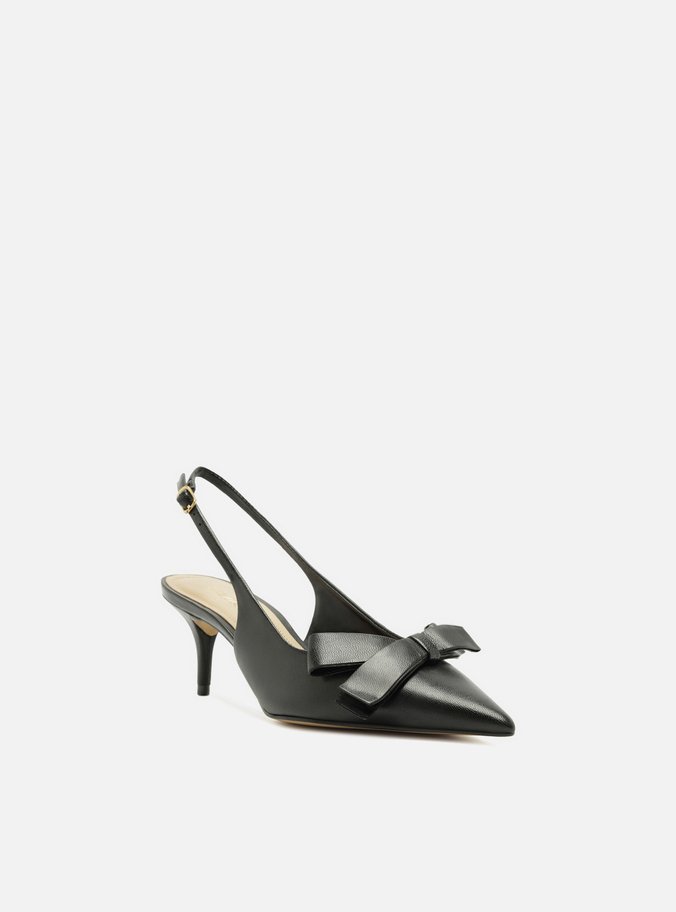 Scarpin Preto Couro Slingback Laço Lateral