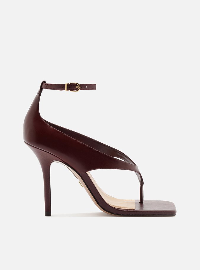 Sandália Vinho Couro Salto Alto Tira Fechada