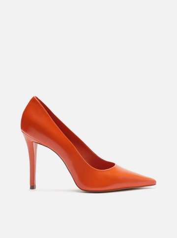 Scarpin Laranja Couro Salto Alto Fino Monocolor
