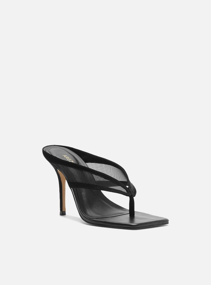 Mule Preta Tela Salto Alto Thong