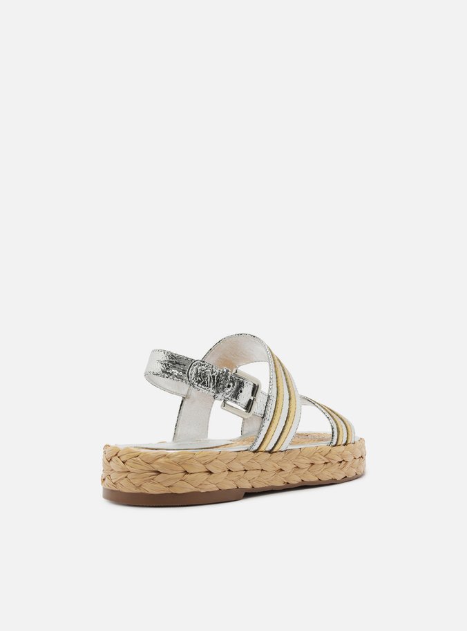 Sandália Papete Metalizada Couro Flatform Fivela
