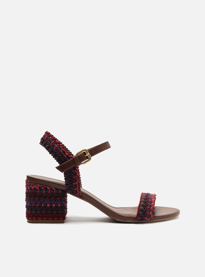 Sandália Multicolorida Couro Crochê Salto Bloc