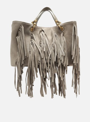 Bolsa Tote Cinza Suede Grande Franjas
