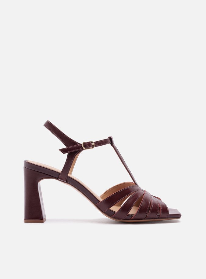 Sandália Bordô Couro Salto Médio Bloco Casual